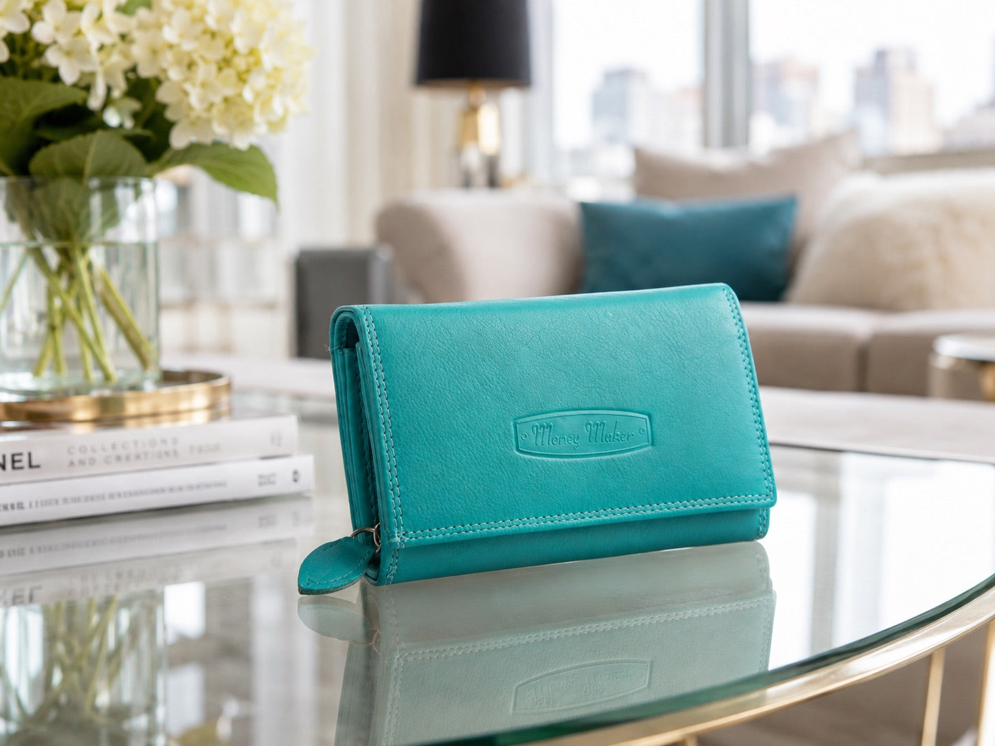 Portfel damski skórzany RFID turkusowy Money Maker duży na karty bilon
