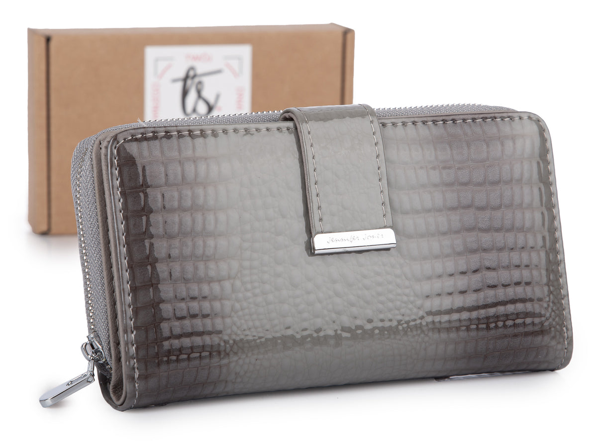 Duży portfel damski skórzany RFID szary lakier croco Jennifer Jones