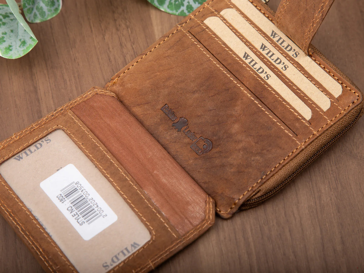 Skórzane etui na karty RFID z kieszenią na bilon, vintage koniak
