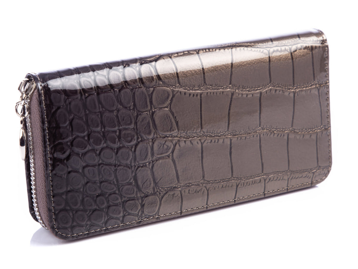 Portfel damski Gregorio szary skóra RFID lakier krokodyl 19 cm