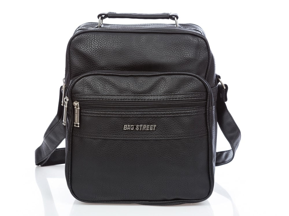 Czarna torba męska na ramię skóra ekologiczna pojemna z kieszeniami