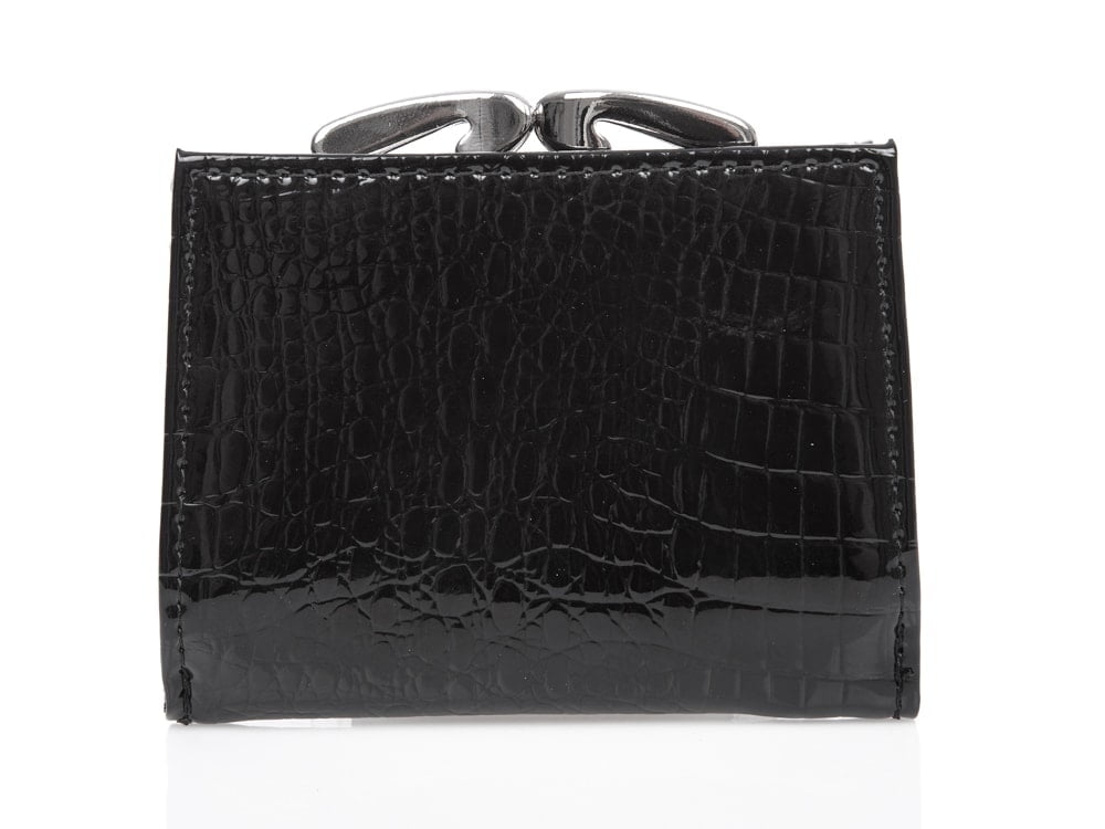 Portfel damski czarny skórzany z biglem na bilon 9x7.5 cm