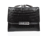 Portfel damski czarny skórzany z biglem na bilon 9x7.5 cm