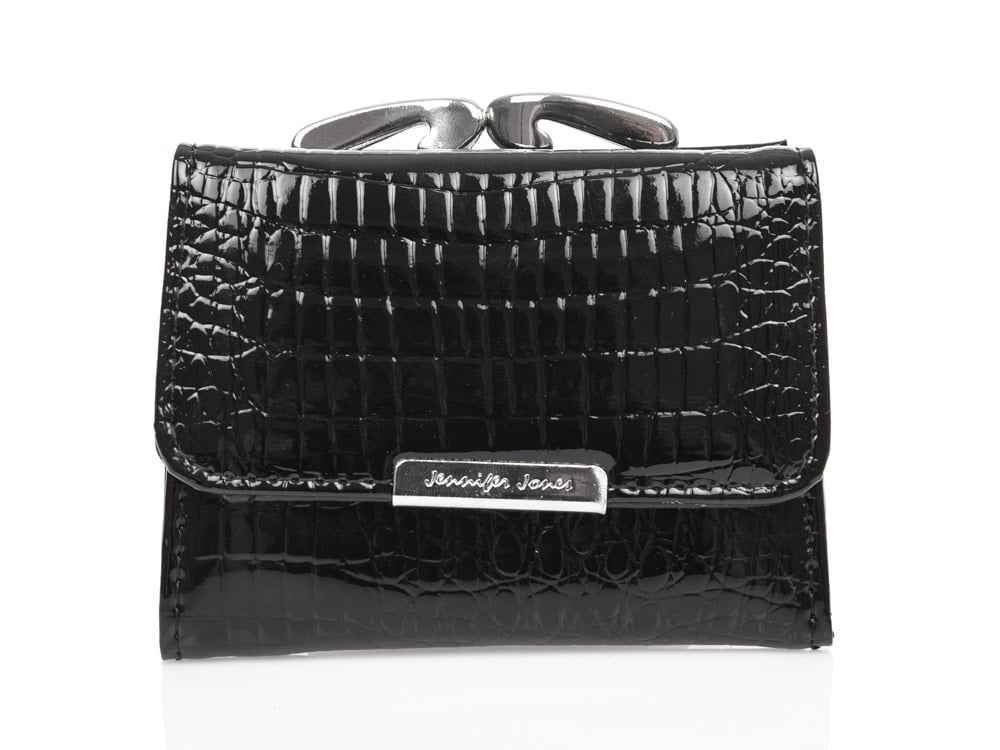 Portfel damski czarny skórzany z biglem na bilon 9x7.5 cm