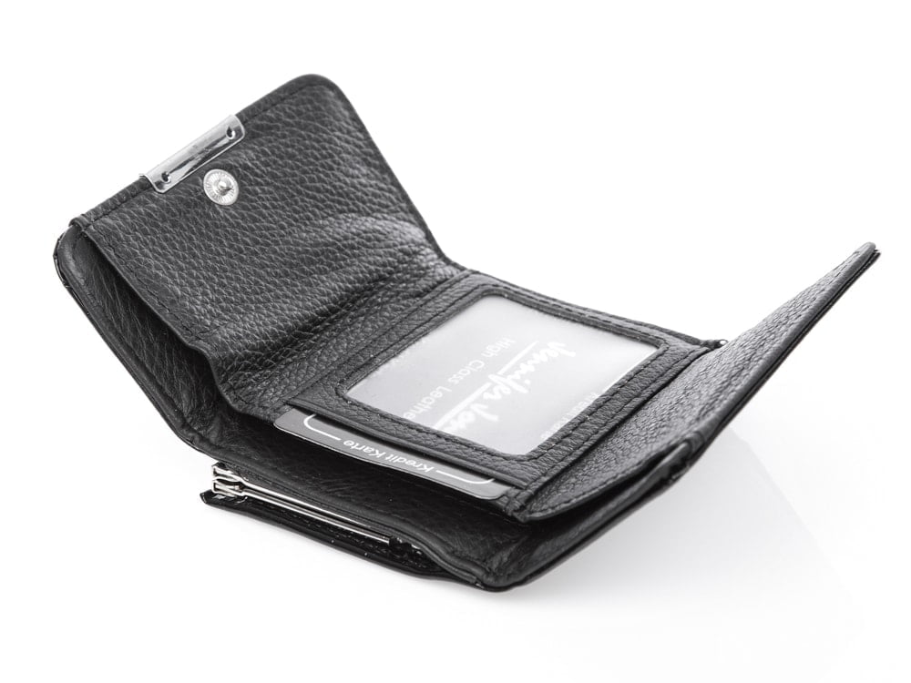 Portfel damski czarny skórzany z biglem na bilon 9x7.5 cm