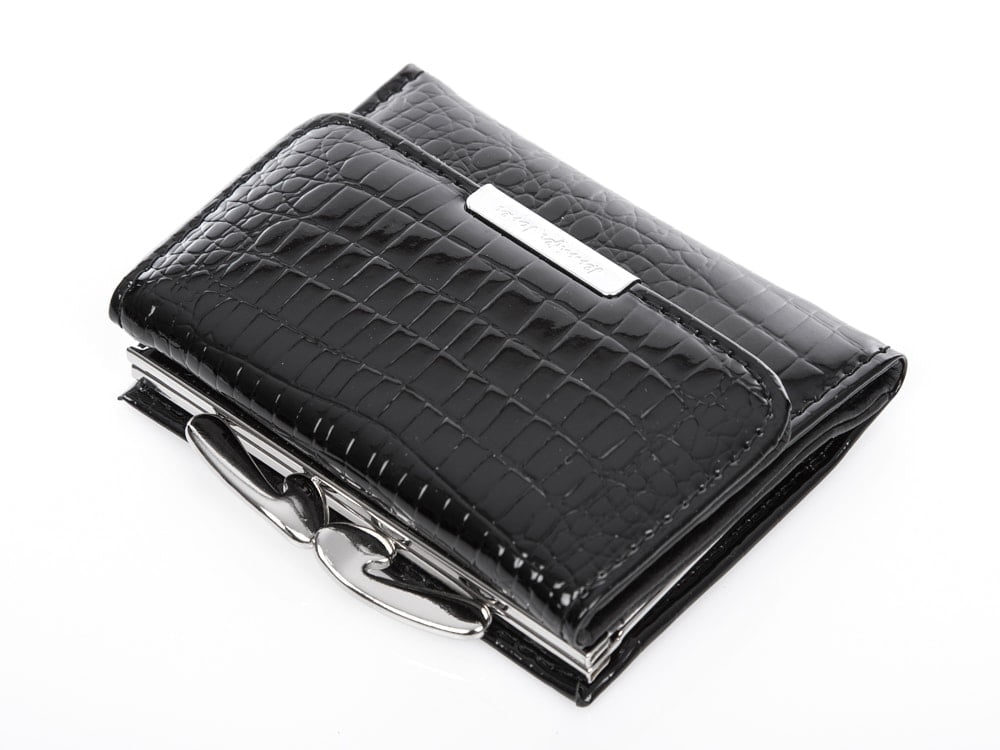 Portfel damski czarny skórzany z biglem na bilon 9x7.5 cm