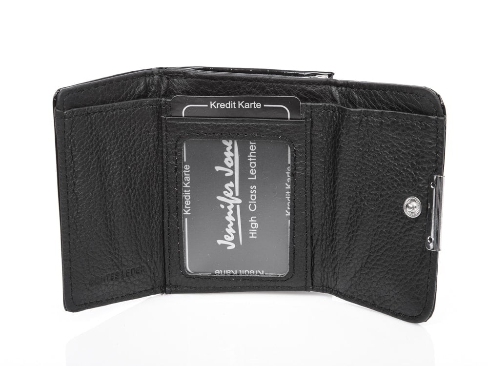 Portfel damski czarny skórzany z biglem na bilon 9x7.5 cm