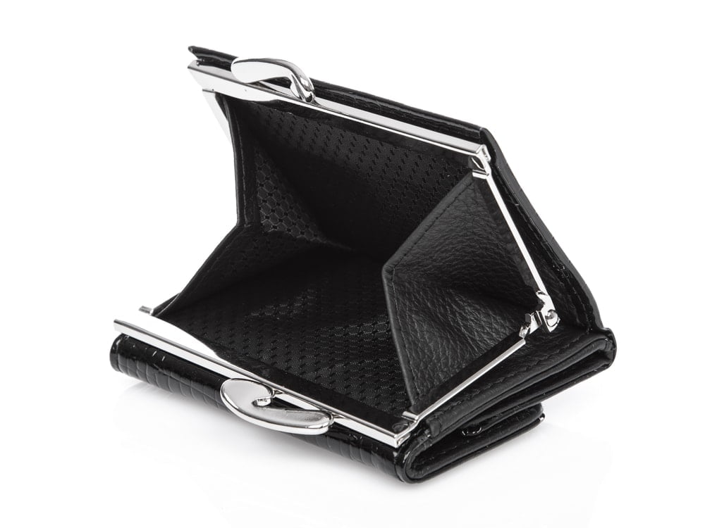 Portfel damski czarny skórzany z biglem na bilon 9x7.5 cm