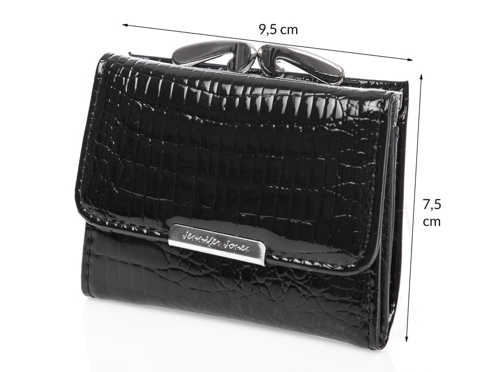 Portfel damski czarny skórzany z biglem na bilon 9x7.5 cm